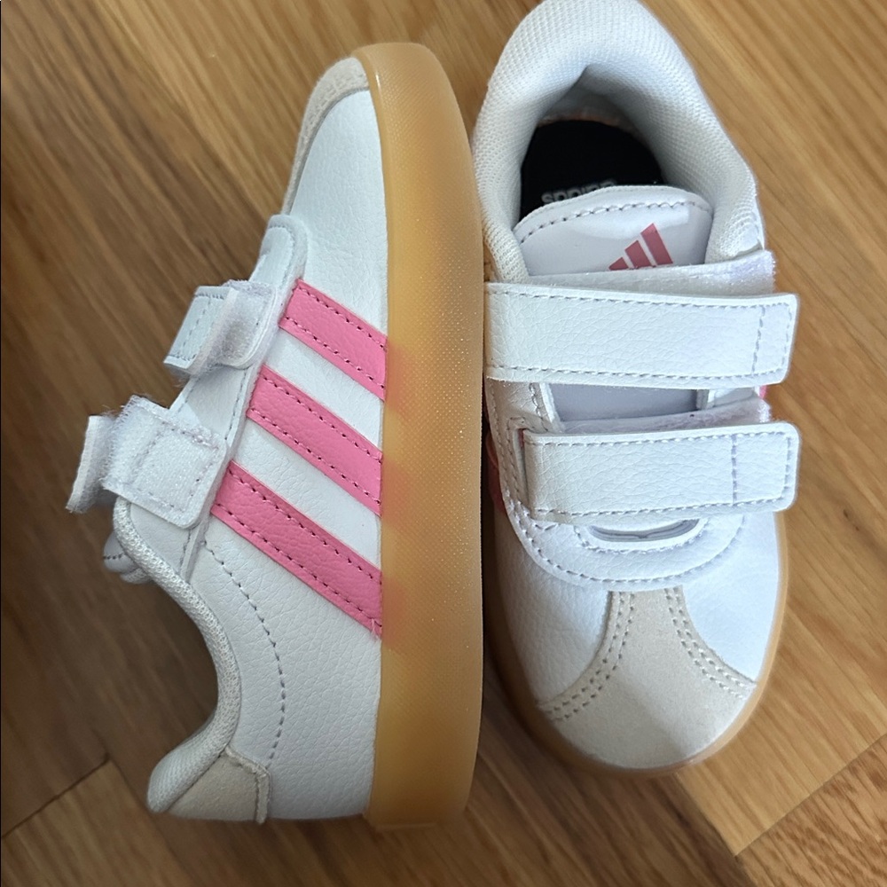 Adidas White and Pink Kids' Sneakers with Gum Sole